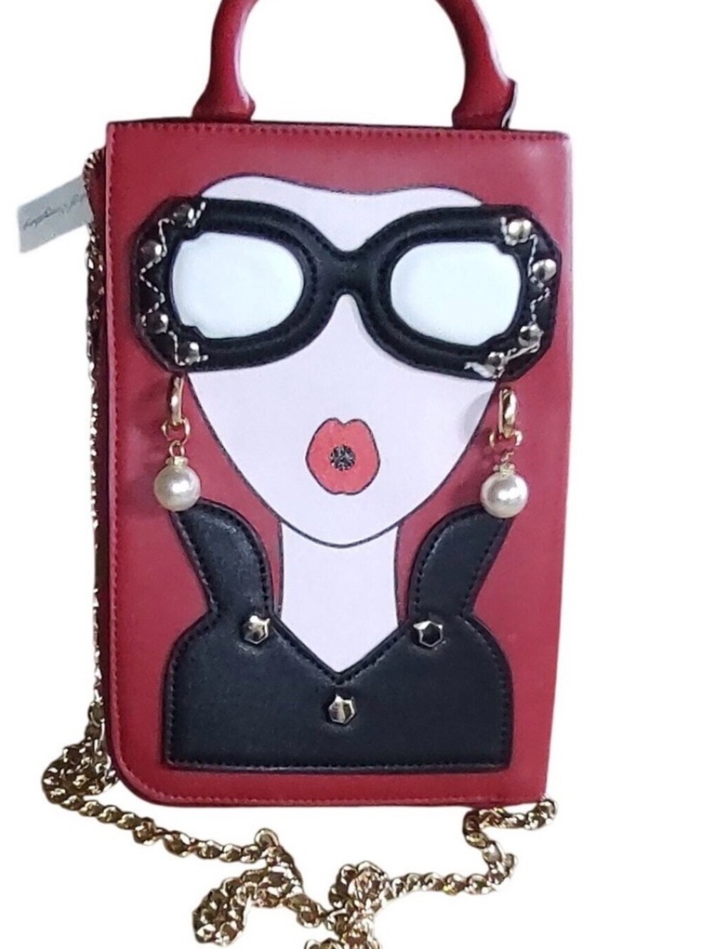 Red Novelty Mini Top-Handle Bag with Sunglasses Applique